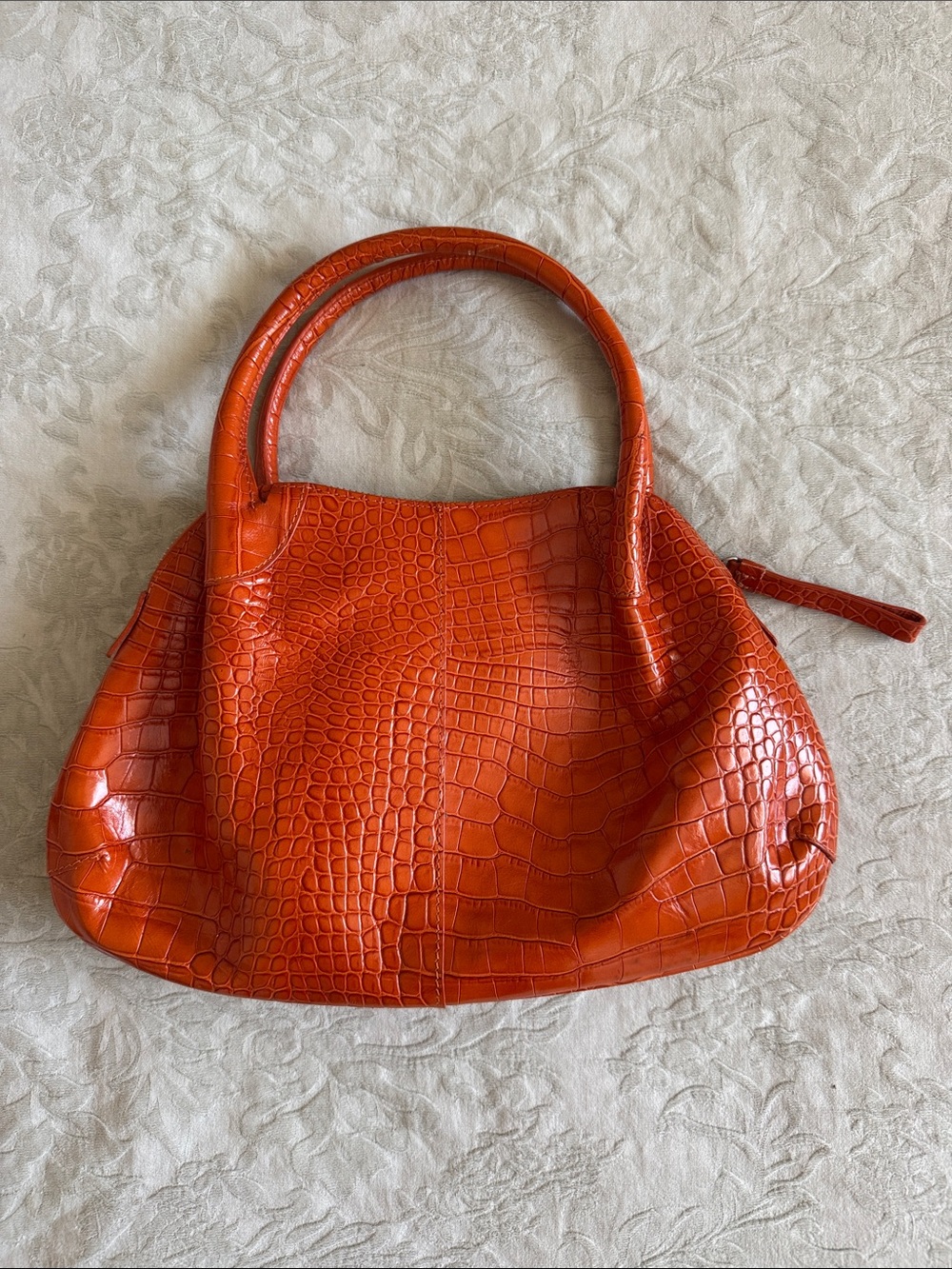 Donna Dixon Croc-Embossed Orange Shoulder Bag with Top Handles